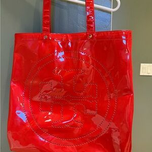 Tory Burch Red Glossy Tote Bag with Embossed Texture